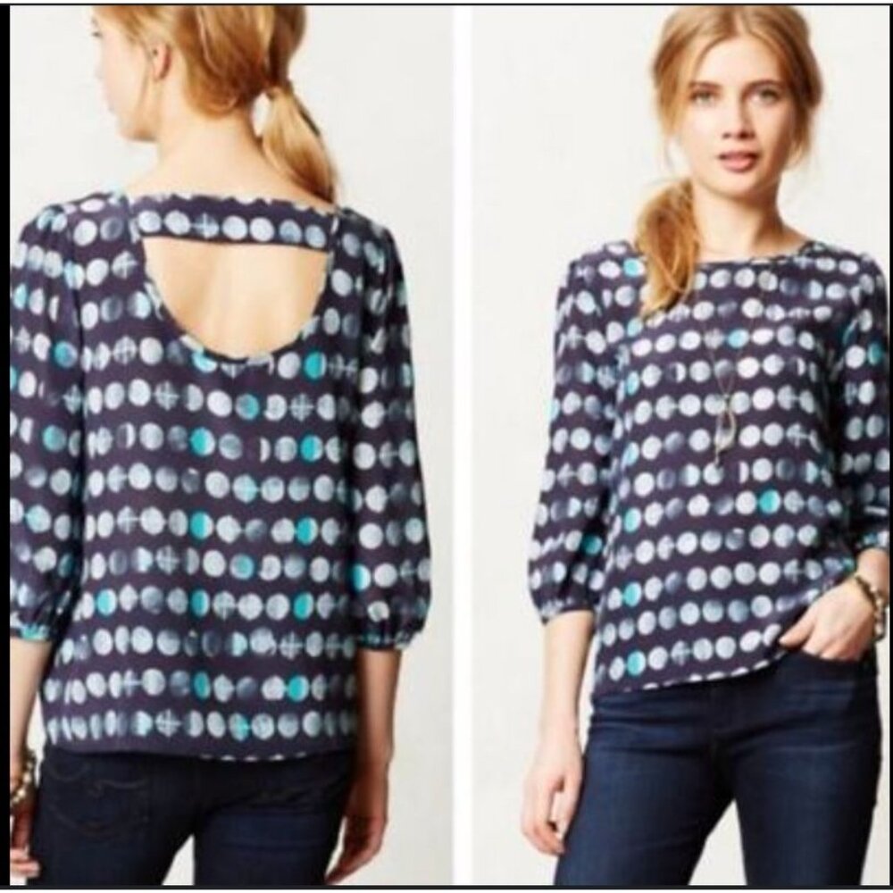 Anthropologie HD In Paris Moon Phase Silk Blouse XS Blue 100% Silk Top